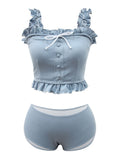 3PCS Blue Gray Ruffled Skirted Bikini Set