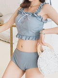3PCS Blue Gray Ruffled Skirted Bikini Set