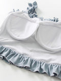 3PCS Blue Gray Ruffled Skirted Bikini Set
