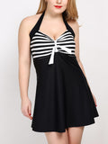 Retro Halter Stripes Skirted Swimsuit
