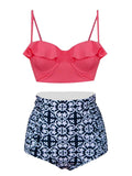 Rose Red Ruffles Straps Bikini Set