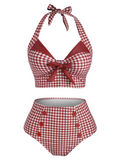 [US Warehouse] Red 1950s Checked Halter Bowknot Bikini Set