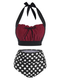 Wine Red Halter Polka Dot Bikini Set