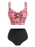 Pink Plaid Straps Bowknot Bikini Set