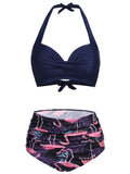 Navy Blue Flamingo Halter Bikini Set