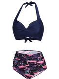 Navy Blue Flamingo Halter Bikini Set