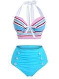 Blue Halter Stripes Buttons Bikini Set