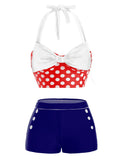 Red Blue Polka Dot Halter Bikini Set