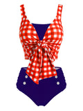 Red Blue Bowknot Checked Bikini Set