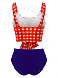 Red Blue Bowknot Checked Bikini Set