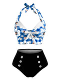 [Pre-sale]Checked Floral Halter Bowknot Bikini Set