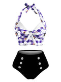 [Pre-sale]Checked Floral Halter Bowknot Bikini Set