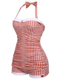 Checked Halter Bowknot One-piece Swimsuit