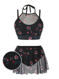 [Plus Size] Florale Lace Retro Halter Strap Swimsuit