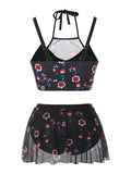 [Plus Size] Florale Lace Retro Halter Strap Swimsuit