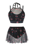 [Plus Size] Florale Lace Retro Halter Strap Swimsuit