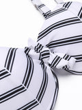 [Plus Size] Striped Bow-knot Pleated Retro Strap Swimsuit