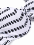 [Plus Size] Striped Bow-knot Pleated Retro Strap Swimsuit