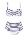 [Plus Size] Striped Bow-knot Pleated Retro Strap Swimsuit