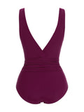 Raspberry Purple 1960s V-Neck One-piece Swimsuit