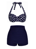 Navy Blue Polka Dot Halter Swimsuit