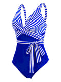 1950s Stripe Lace Up Patchwork One-Piece Swimsuit