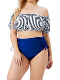 [Plus Size] Stripe Crop Top & Blue Bikini Bottoms