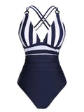 Navy Blue Stripes Strap Patchwork Swimsuit