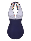 [US Warehouse] Blue 1940s Tropical Deep-V Halter Swimsuit