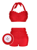 [US Warehouse] Red 1950s Button Ruffles Halter Swimsuit