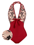 [US Warehouse] Wine Red 1950s Floral Backless Swimsuit
