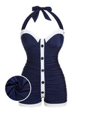 [US Warehouse] Navy Blue 1950s Pleated Halter Swimsuit