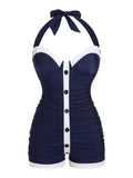 [US Warehouse] Navy Blue 1950s Pleated Halter Swimsuit