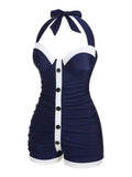 [US Warehouse] Navy Blue 1950s Pleated Halter Swimsuit