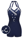 [US Warehouse] Navy Blue 1950s Solid Belt Button Halter Swimsuit