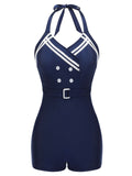 [US Warehouse] Navy Blue 1950s Solid Belt Button Halter Swimsuit