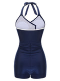 [US Warehouse] Navy Blue 1950s Solid Belt Button Halter Swimsuit