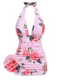 [US Warehouse] Pink 1930s Roses Halter Belt Swimsuit
