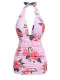 [US Warehouse] Pink 1930s Roses Halter Belt Swimsuit