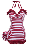 Wine Red 1950s Stripe Heart Collar Swimsuit