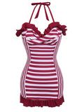 Wine Red 1950s Stripe Heart Collar Swimsuit