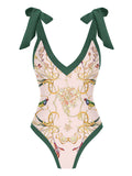 1950s V-Neck Flowers Lacing Swimsuit & Cover Up