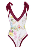 1950s V-Neck Flowers Lacing Swimsuit & Cover Up