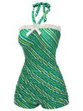 [US Warehouse] Green 1930s Stripe Off-Shoulder Halter Swimsuit
