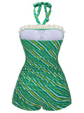 [US Warehouse] Green 1930s Stripe Off-Shoulder Halter Swimsuit