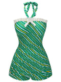 [US Warehouse] Green 1930s Stripe Off-Shoulder Halter Swimsuit