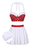 White & Red 1950s Polka Dots Patchwork Swimsuit