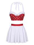 White & Red 1950s Polka Dots Patchwork Swimsuit