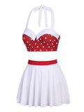 White & Red 1950s Polka Dots Patchwork Swimsuit