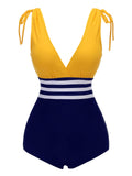 Yellow & Blue 1950s Striped Lace-Up Swimsuit